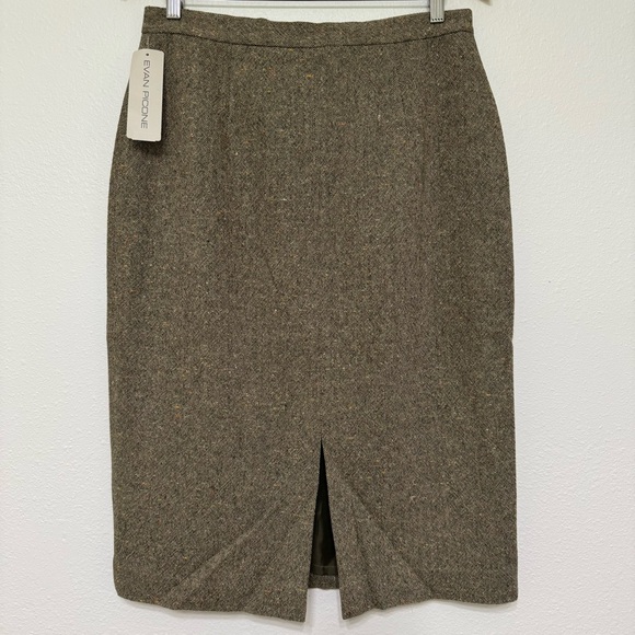 Vintage Evan Picone Wool Blend Green Brown Woven Tweed Midi Pencil Skirts, 12 - Picture 4 of 13